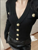Gold Button Front Knit Cardigan Women Long Sleeve Crop Sweater Jacket Fitted Top Teen-girl Fall Winter Vintage 90s Outfit