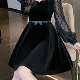 Pbong  French Style Square Collar Velvet Dress Women's Autumn New Waist Cinching Slimming Dress New Long Sleeve Mini Dress