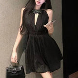 Pbong  Women's Black Sleeveless Halter Dress Choker Neck Bodycon Mini Dress Elegant Glitter Party b Daily Wear
