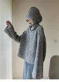 Grey Mohair Knit Hooded Sweater for Women Loose Bell-Sleeve Pullover Hoodie Female Autumn Winter Casual Chic Outfit