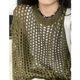 Oversized Crochet Top for Women Long Sleeve Crew Neck Casual Open-knit Sweater Pullovers Top Teen-girl Grunge Y2K Outfit