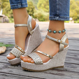 Pbong  Summer Women Woven Upper Wedge Sandals Ankle Strap Platform Open Toe Non-Slip Sole Beach Holiday Casual Walking Shoes