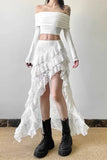 Elegant Tulle Ruffle Skirt Women Boho Lace Vintage White Irregular Skirt Korean Style Summer Layered Mid Skirts Street