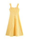 Fashion French Yellow Suspender Dress Long Dress 2025 Summer Ruflle Square Collar New Dress A-line Simple Fashion Woman Clothing