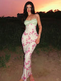 Lace Print Spaghetti Strap Sexy Maxi Dress Women Elegant Off-shoulder Sleeveless Backless High Waist Bodycon Dress