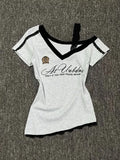White-Gray Lace Sport Sexy Summer Off shoulder Top Women Y2k V neck Short sleeve T shirt Fashion Korean Lady Basic Tees 2025 New