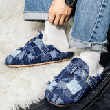 Pbong Fringe Tassel Denim Fleece Flats Shoes Women Winter Short Plush Jeans Patchwork Fashion Slippers Round Toe Warm Unisex Slidess