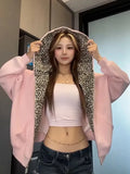 Leopard Vintage Pink Hoodies Women Loose Hip Hop Streetwear Y2K Sweatshirt American Casual Fall Winter Long Sleeve New Tops