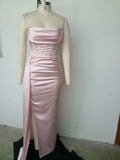 Sexy Spaghetti Strap Draped Long Bodycon Dress Summer Women V-Neck High Split Backless Dress Elegant Evening Party Club Dress