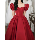 Pbong  Burgundy Square Collar A-LINE Evening Dresses Puffy Sleeves Long Prom Dresses Elegant Beading Decoration Party Dresses