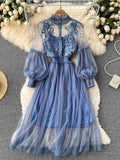 New Women Party Lace Flower Dress Gauze Lantern Sleeve Voile Long Dress Female Retro Hook Princess Dress 2 Piece Set