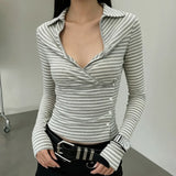 Pbong  Casual Button Striped T Shirt Basic Slim Turn-Down Collar Long Sleeve Tees Women Autumn Spring Fashion Streetwear Ladies