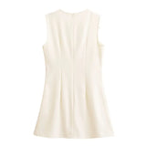 Chic Bow Lace Up Short Dress New Round Neck Slim Sleeveless Summer Dress For Women Beige Solid Color All-match Vestidos