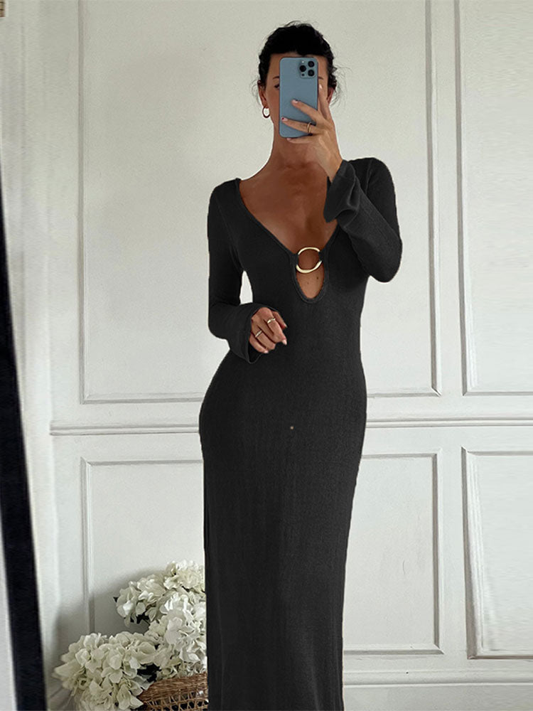 Solid Sexy Hollow Out Backless Female Knitted Dress Deep V Neck Long Sleeve Maxi Dresses Lady Beach Vocation Party Vestidos