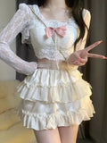Japanese Lolita Kawaii 3 Piece Set Women Lace Sweet Party Cake Skirt Suit Female Bow Elegant Hight Waist Skirts Suit Summer