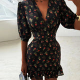 Pbong  Sweet Floral Print  Dress Bubble Sleeve Lace Hem Short Length Women's Fashion Spring New Arrival  Style High Waist P...