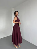 Women Fashion Slanted Shoulder High Waist Pleated Dress Elegant Sleeveless V-neck Long Robes Vocation Beach Street Vestidos