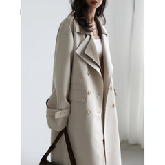 Women Trench Coat Solid Loose Contrast Double Collar Double Breasted Long Women's Windbreaker Office Lady Spring Autumn