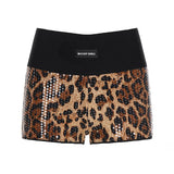 Pbong  Streetwear Leopard Printed Contrast Color Sequins Patchwork Micro Shorts Hotter Sexy Skinny Mini Bottoms Fashion
