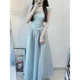 White Vacation Style Dress Women's Gentle Waist Drawstring Splice Fake Two-Piece Small Flying Sleeve Strap Long Dress