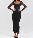 Elegant Sheer Long Sleeve Bodycon Maxi Dress For Women Fashion Mesh Black Strapless Backless Club Party Sexy Dress