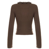 Pbong  V-neck Lace Patchwork Solid Color Skinny Long Sleeves T-shirts Women's Daily All Match Sexy Top Tees Fashion Basic New