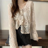 Vintage Lace Blouse Women Sheer Long Sleeve Sunscreen Shirt Cardigan Vacation Korean Elegant Casual Sun Protection Top