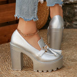 Pbong  Fashion Tassel Metal Decor Super High Heels Shoes for Women New Slip On Chunky Platform Pumps Woman Gold Silver Party Shoes
