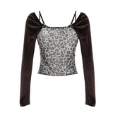 Y2k Retro Leopard Lace Trim V-Neck Blouses Women Velvet Long Sleeve Chic T-Shirt Trendy Clothes Autumn New
