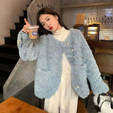 Women Sweet Cute Faux Lamb Coat Winter Warm Thick Slim Long Sleeve Vintage Jacket Korean O Neck Elegant Pearls Buttons Tops New