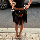 Floral Embroidery Fringe Wrap Mini Skirt Low Rise Self Tie Asymmetrical Hem Spring Summer Festival Women Boho Party Outfit