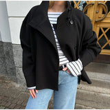 Solid High Neck Double Button Topcoat Dropped Shoulder Loose 2025 Autumn Short Elegant Jacket Women Urban Casual Lady Outerwear