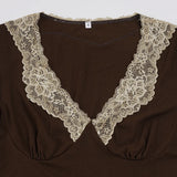 Pbong  Women's Vintage Style Short Sleeves T-shirts Slimming Brown V-Neck Lace Patchwork Casual Tops Summer All Match Clothes Fashion