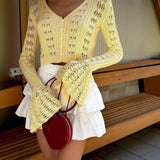 2025 New Knit Flare Sleeve V-neck Hollow Out Short Coat Fashion Casual Button Transparent Summer Cardigan Top Cover-up Jacket