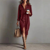 Pbong  New Fall Retro Solid Ribbed Corduroy Dress Woman Elegant Single Breasted Lapel Shirt Dresses Long Sleeve Slit Clothing