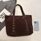 Pbong  Trendy Suede Tote Bag, Studded Detail & Heart Accent, Spacious, Versatile Shoulder Armpit Bags for Daily Commute Casual Outings