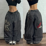 Pbong  American New Fashion Letter Embroidery Stitching Old Baggy Jeans Women Y2K Harajuku  Popular High Waist Wide Leg Trousers