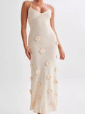 Elegant 3d Flower Sling Maxi Dress Women Deep V-neck Sleeveless Beach Dresses Summer New White Lady Chic High Street Robes