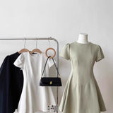 Pbong  Summer Hepburn Style Green Short Sleeve Dress Women's Fashion Slimming Short Skirt High Waist A-Line Dress Commute Style