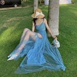 Women's Summer Mesh Tulle Beach Maxi Dress Sleeveless Spaghetti Strap Backless Long Dress Elegant Evening Party Slip Dresses New