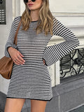 Pbong  Women Bodycon Knitted Dress Striped Round Neck Long Sleeve Casual Fall Short Dress