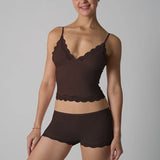 Pbong  Europe American Simple Pink Light Thin Lace Strap Tank Top Flat Corner Lace Underwear for Women Comfortable Stretchy Short Sets