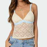 Sheer Lace Open Back Tank Top Contrast Color Backless Tie Up Camis Summer Sleeveless Shirt Fairy Coquette Spaghetti Strap Vest