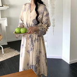 Pbong  Fashion Print Pajamas Set New Spring Autumn Women Sleepwear Lounge Wear 2PCS Robe+Trouser Pijamas Suit Loose Casual Homewear