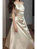 Vintage Satin Midi Dresses for Women New Summer French Fold Hollow Out Elegant Prom Fashion Slim Casual Female Clothes Robe