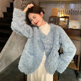 Women Sweet Cute Faux Lamb Coat Winter Warm Thick Slim Long Sleeve Vintage Jacket Korean O Neck Elegant Pearls Buttons Tops New
