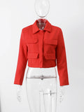 Lapel Pocket Red Jacket Women  Autumn Winter Long Sleeve Single-breasted Casual Short Coat Elegant Office Lady Commuter Tops