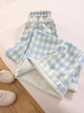 Sweet Lace Plaid Pants Women Patchwork Loose High Waist Wide Leg Trousers Japan Casual Lady Vintage Cute Spring New Pant