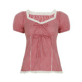 Pbong  Casual Cute plaid Short Bubble Sleeve T-shirt Women's Summer T-shirt New Fashion Lace V-neck Lace up Sexy Split Tops Woman
