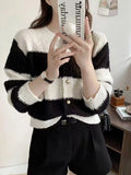 Women's Acrylic Long Sleeve O-Neck Button-Down Striped Cropped Knit Cardigan Ladies Autumn Winter Korean Fashion Knitwear